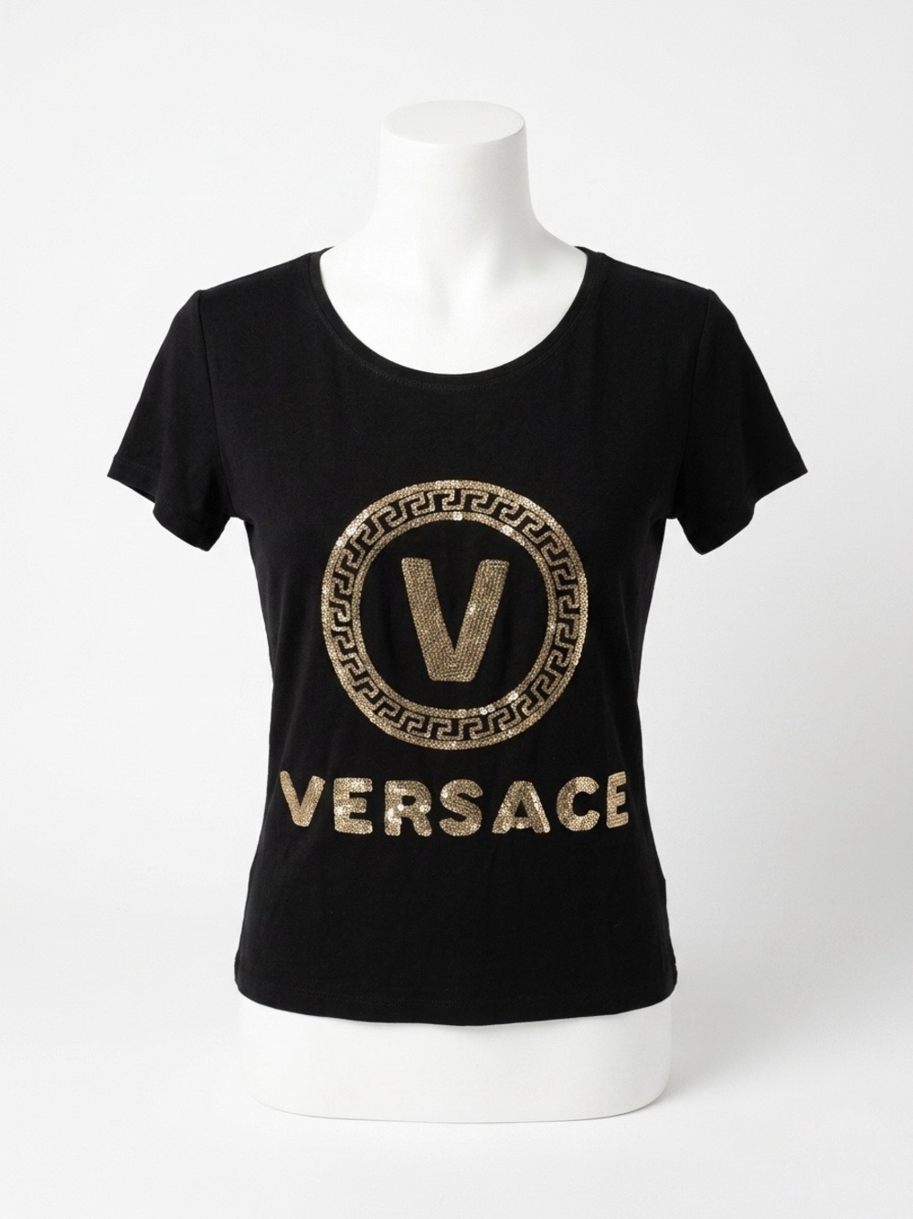 Vintage 1990s Versace Ittierre Gold Sequin Metallic Logo Tee Size Small